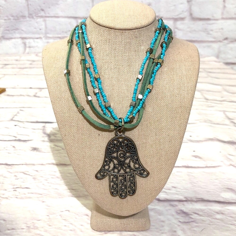 Turquoise 18” Beaded Hamsa Necklace leather and silver charms